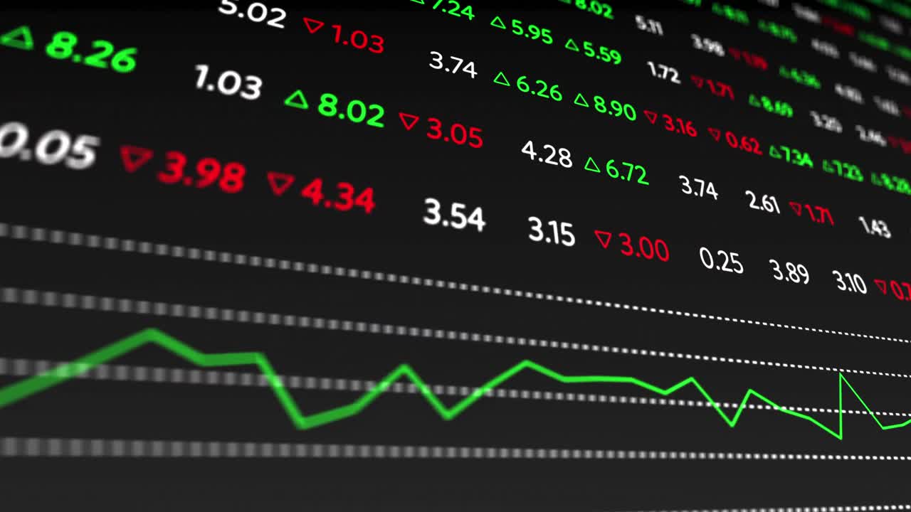 Animazione di display della borsa valori con numeri che cambiano su sfondo nero