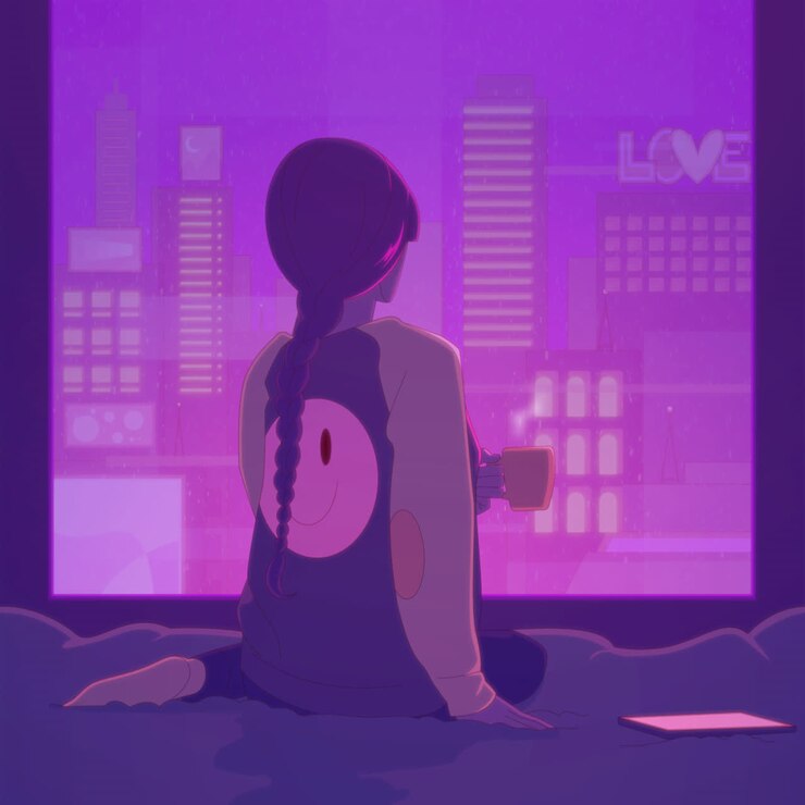 Girl at Window with City View at Night