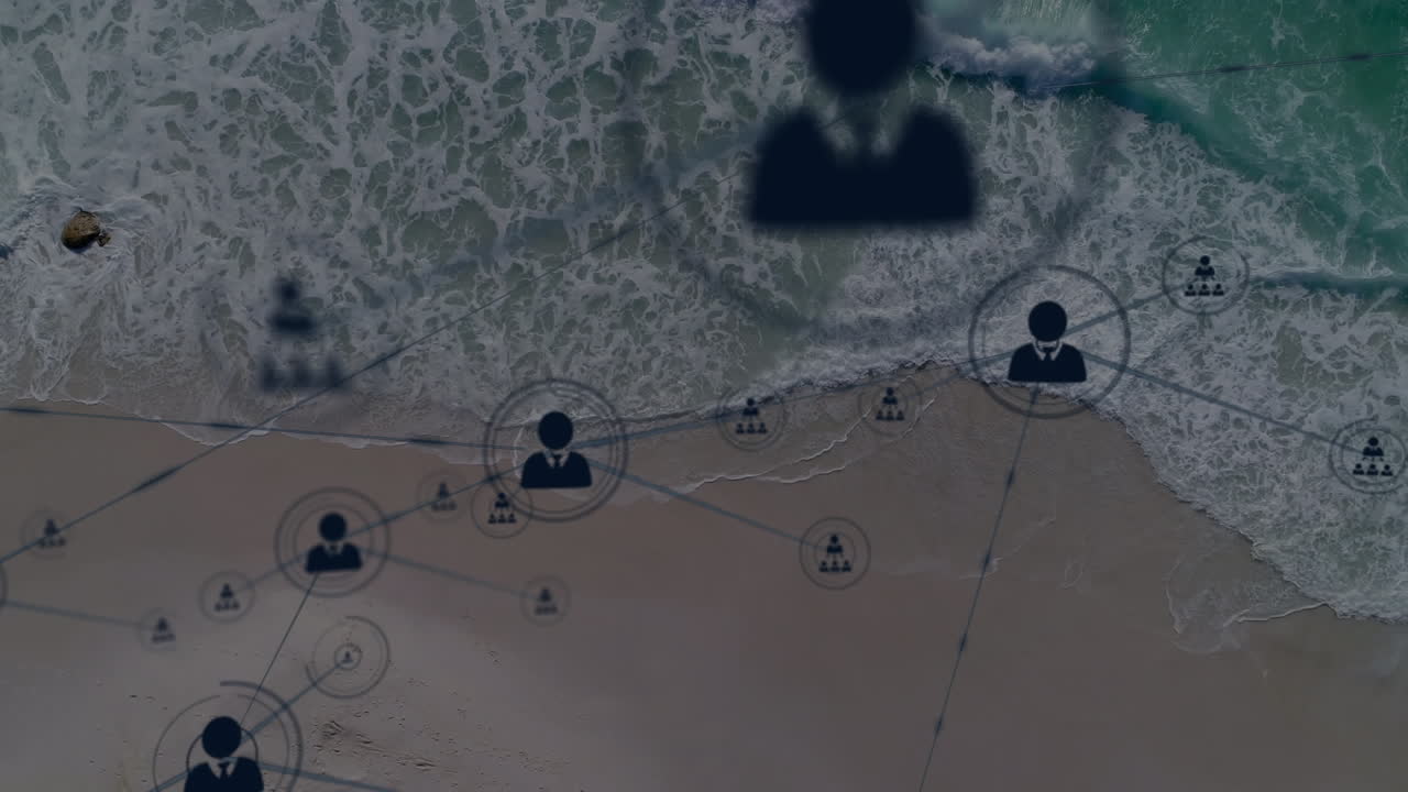 animación de la red de conexiones con iconos sobre la vista del mar