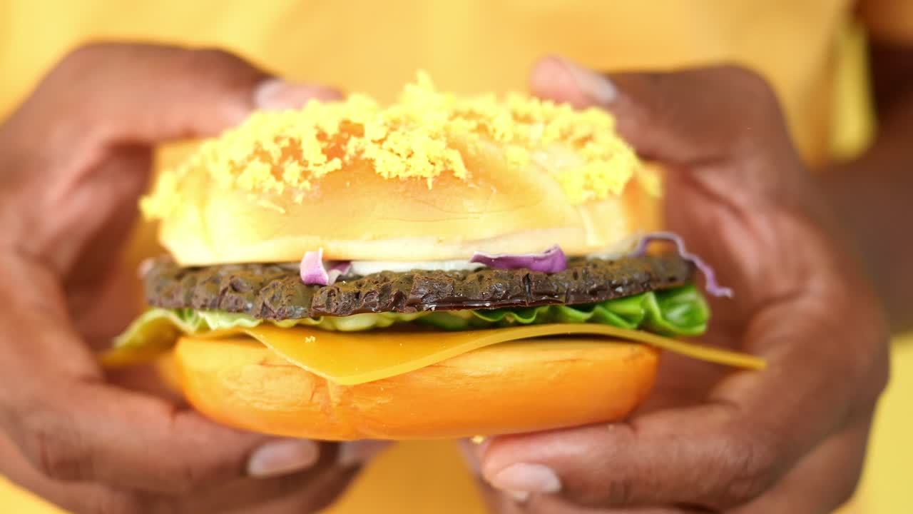 persona que sostiene una hamburguesa de chocolate modelo