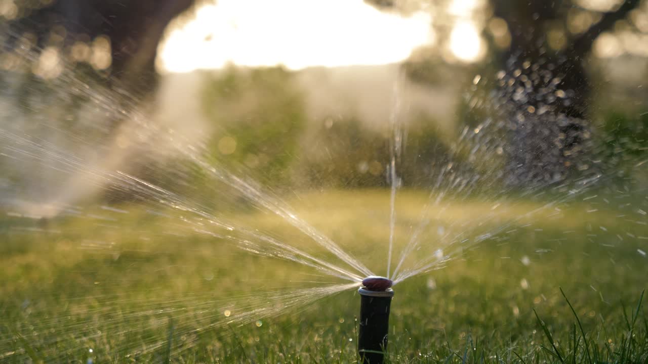 Sunset Garden Care: Automatic Sprinkler System Watering the Garden