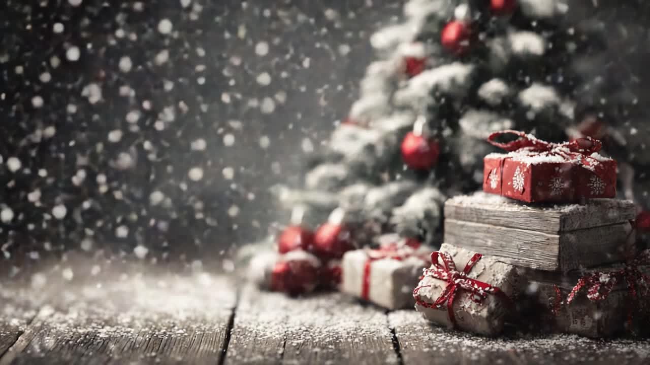Un'accogliente scena invernale che mostra un bellissimo albero di Natale decorato con ornamenti rossi, circondato da regali innevati e una neve che cade delicatamente nell'aria