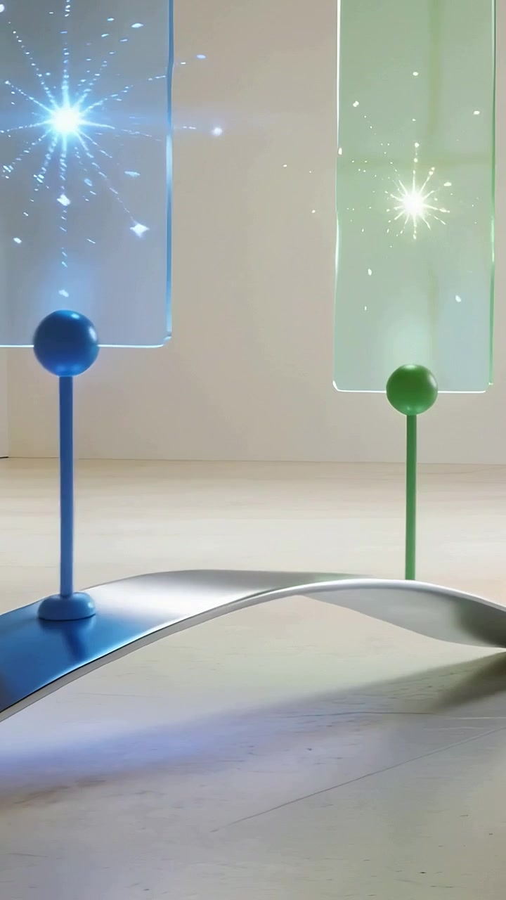 Vídeo vertical: Câmera panorâmica mostrando painéis em postes sob iluminação de estúdio, um a um em uma rampa curva