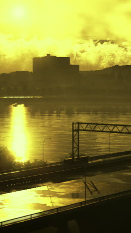 sunrise reflects on the river while city skyline outlines the horizon