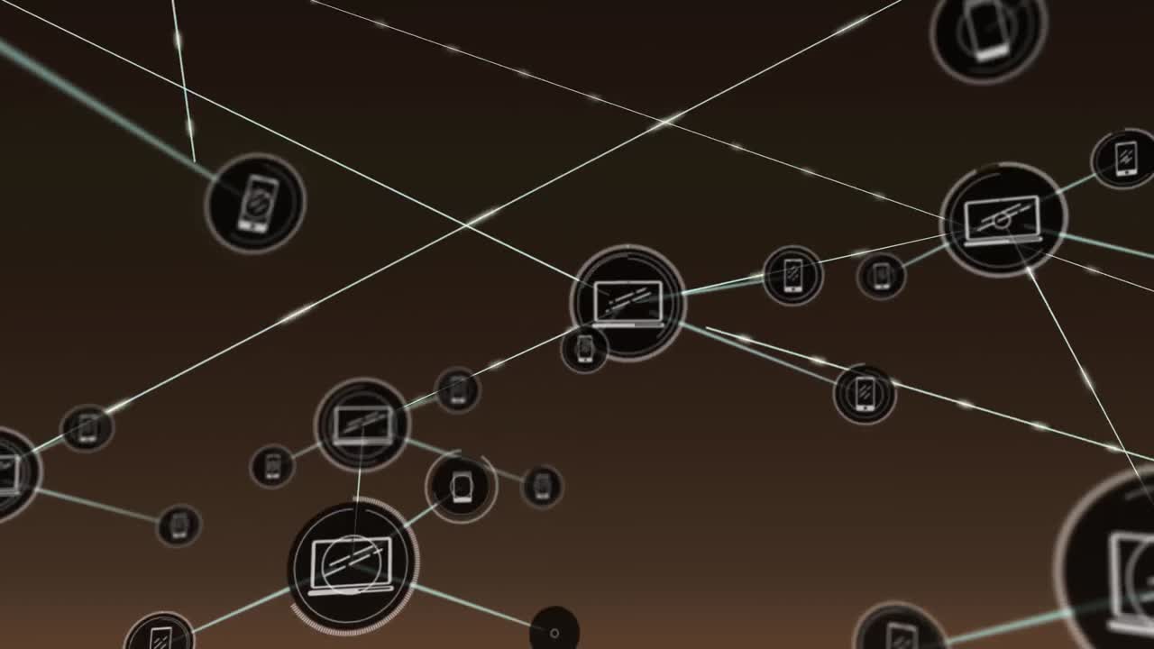 animación de la red de conexiones con iconos sobre fondo marrón