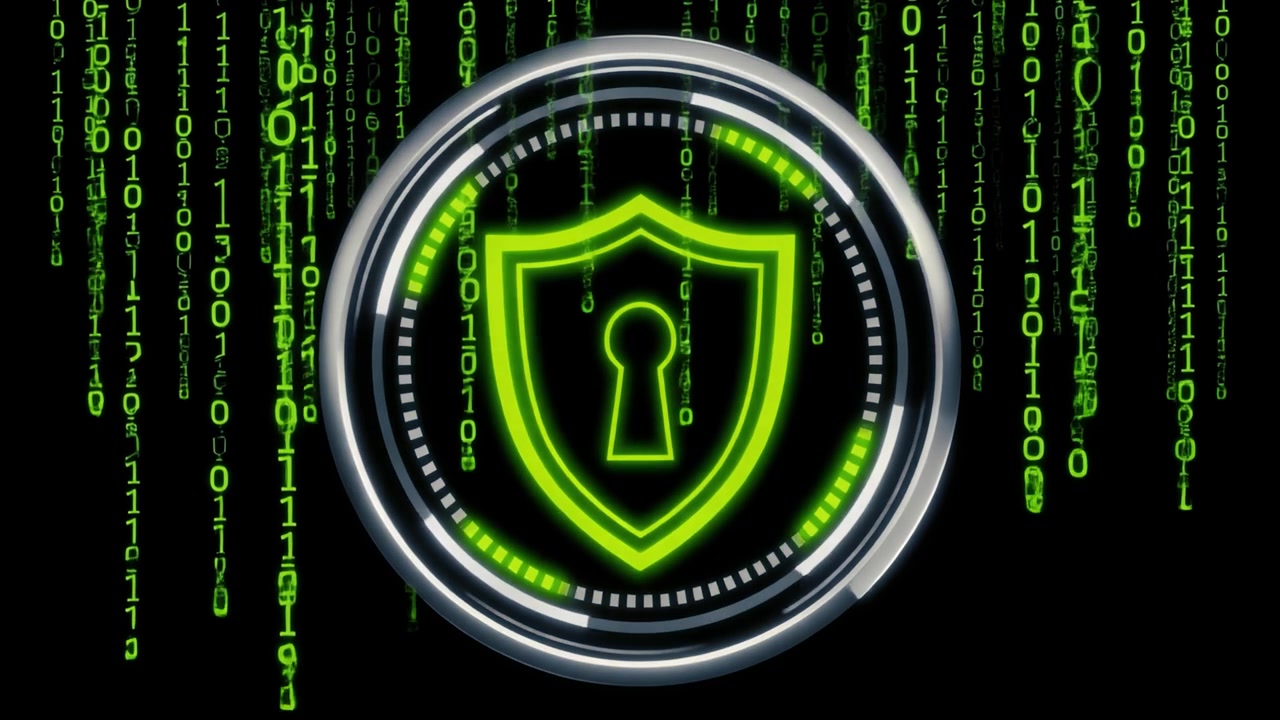 Animated Security Shield with Green Binary Matrix Background