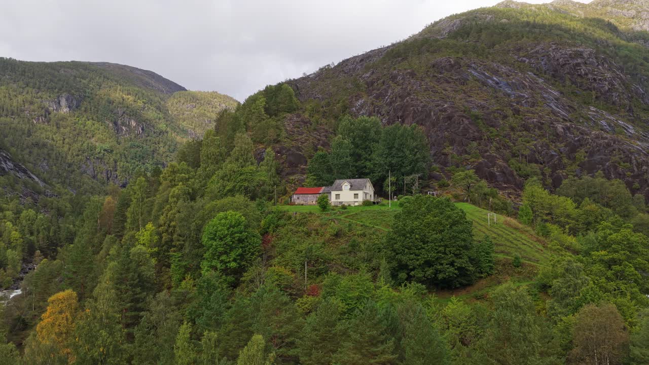 Luftbilde av elv som snirkler seg forbi hus i en naturskjønn dal i Norge