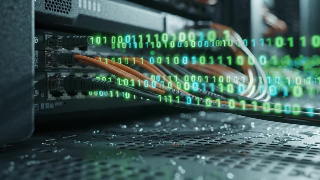 Intricate Connection of Networking Cables and Data Flow in a Server Environment with Water Droplets and Dynamic Green Binary Code Visualization
