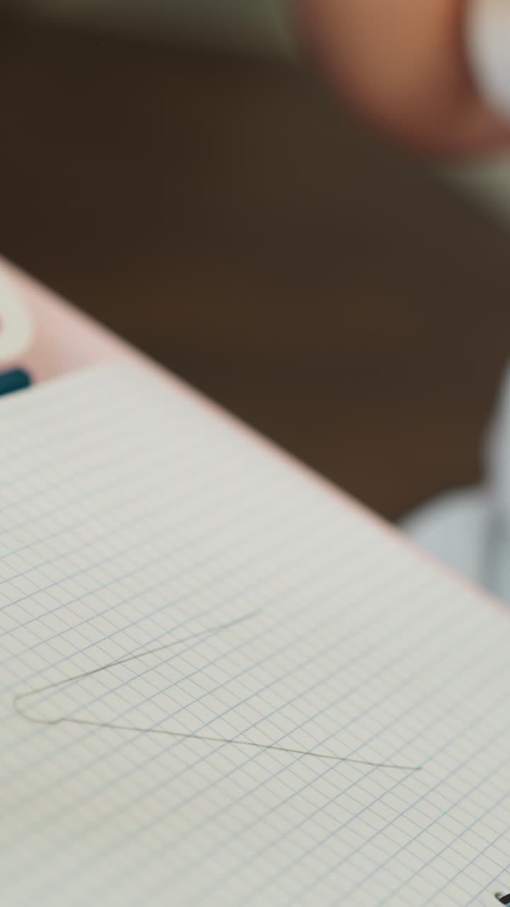 Little boy draws triangle with ruler and by hand on copybook page at table closeup. Toddler kid learns simple geometrical shapes in preschool class