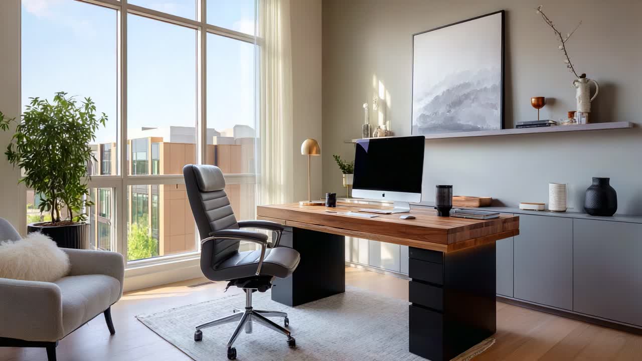 Modern Home Office Setup with Stylish Desk, Comfortable Chair, Large Windows, and Elegant Decor Creating an Inviting Workspace for Productivity and Creativity