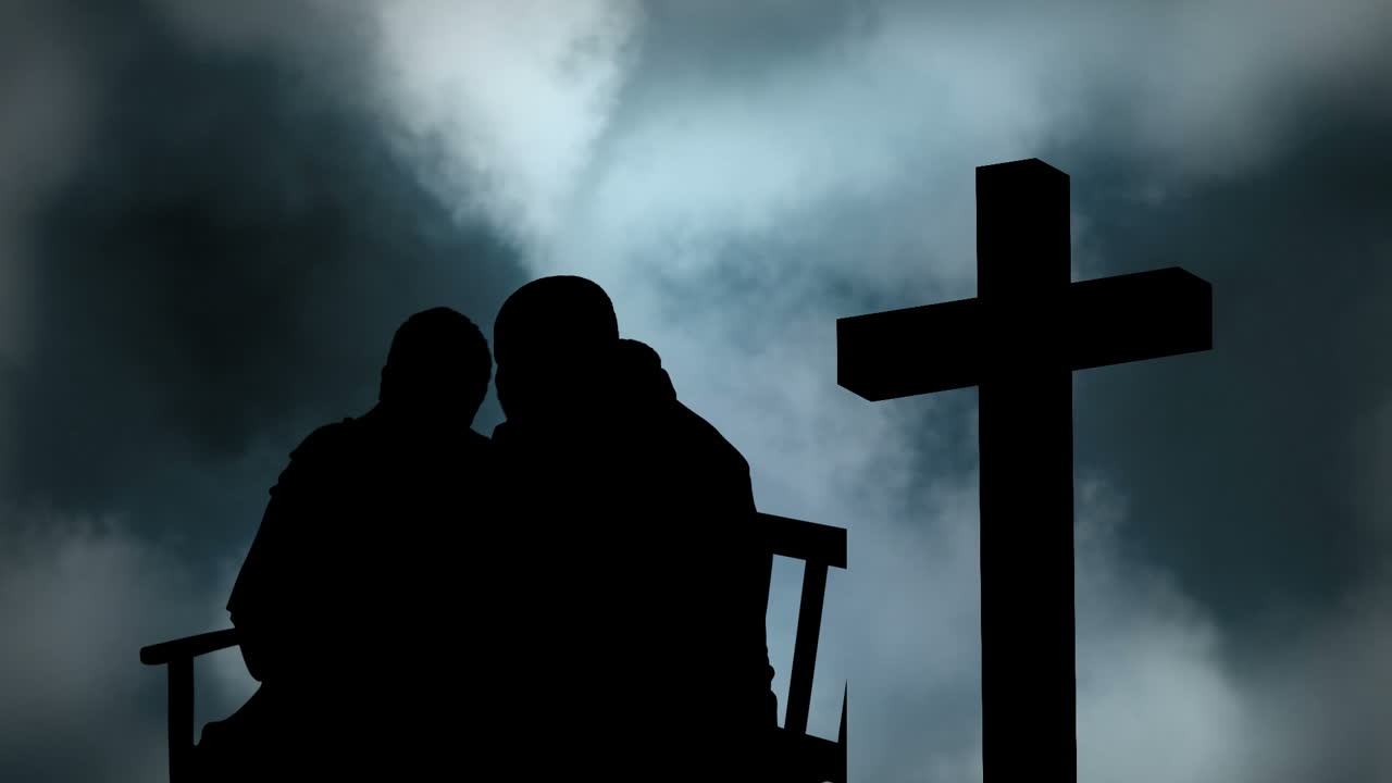 구름 과 십자가 위 에 있는 부부 의 실루 ⁇  의 애니메이션