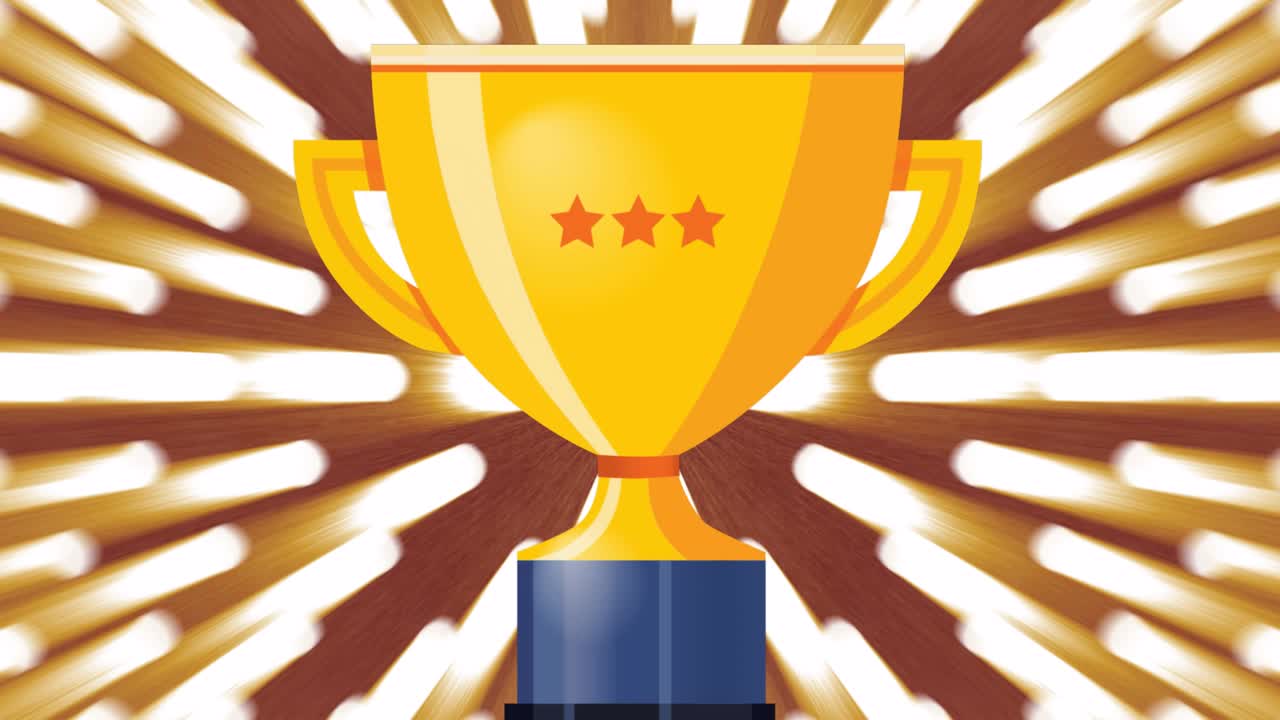 animación del trofeo de oro y el laurel con tres estrellas, sobre focos móviles sobre fondo marrón