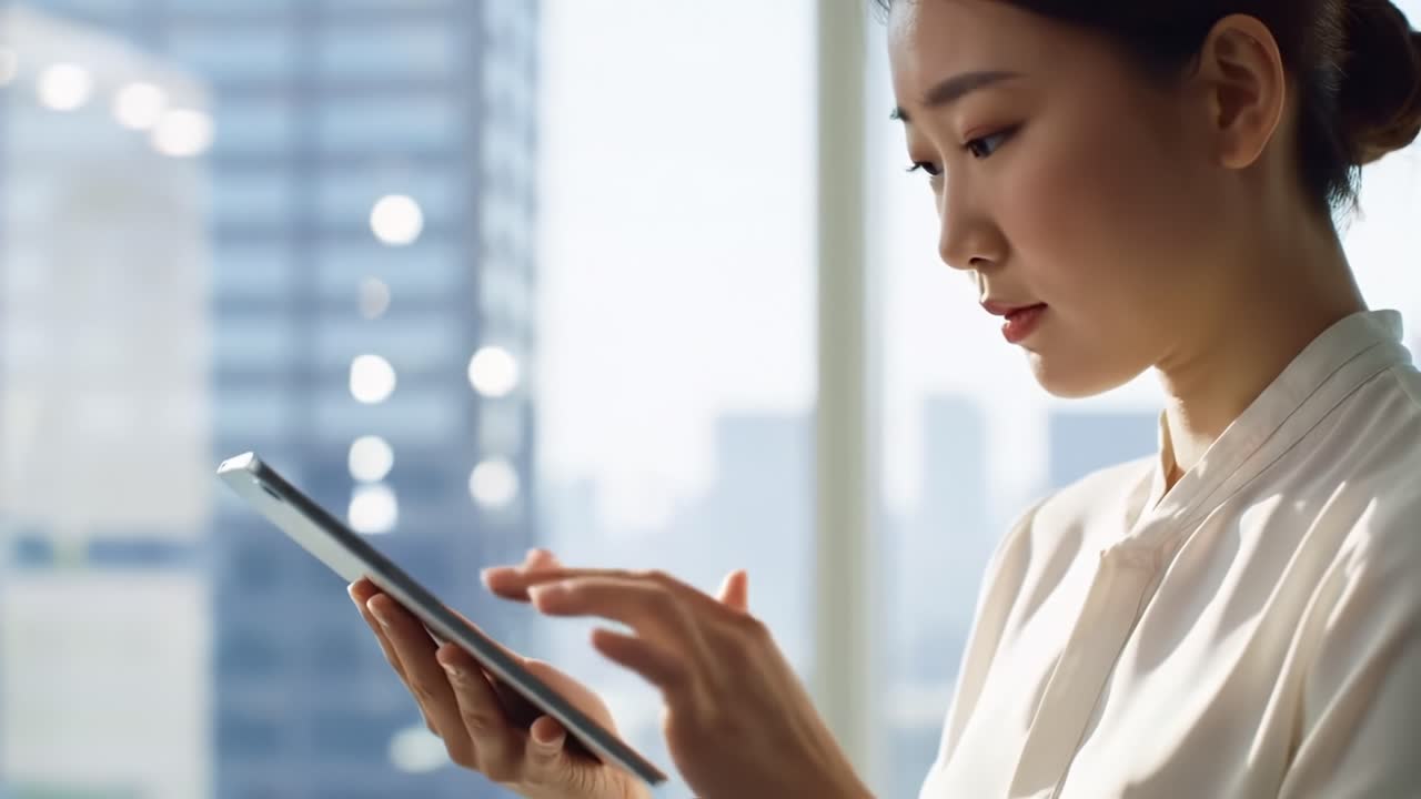 Captivated by Technology: A Woman Engaged in Using a Smartphone and Tablet in a Modern Cityscape, Reflecting Contemporary Digital Interactions