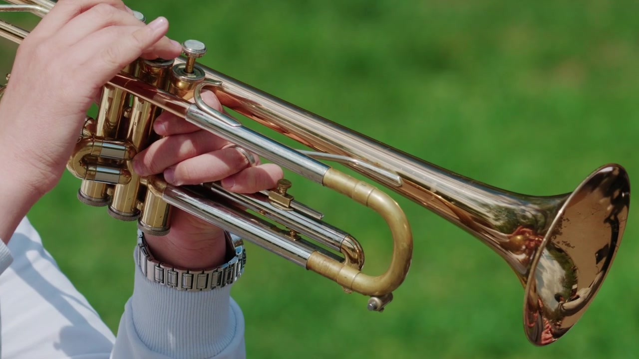 Primo piano delle mani di un musicista che premono le valvole della tromba mentre suona all'aperto.