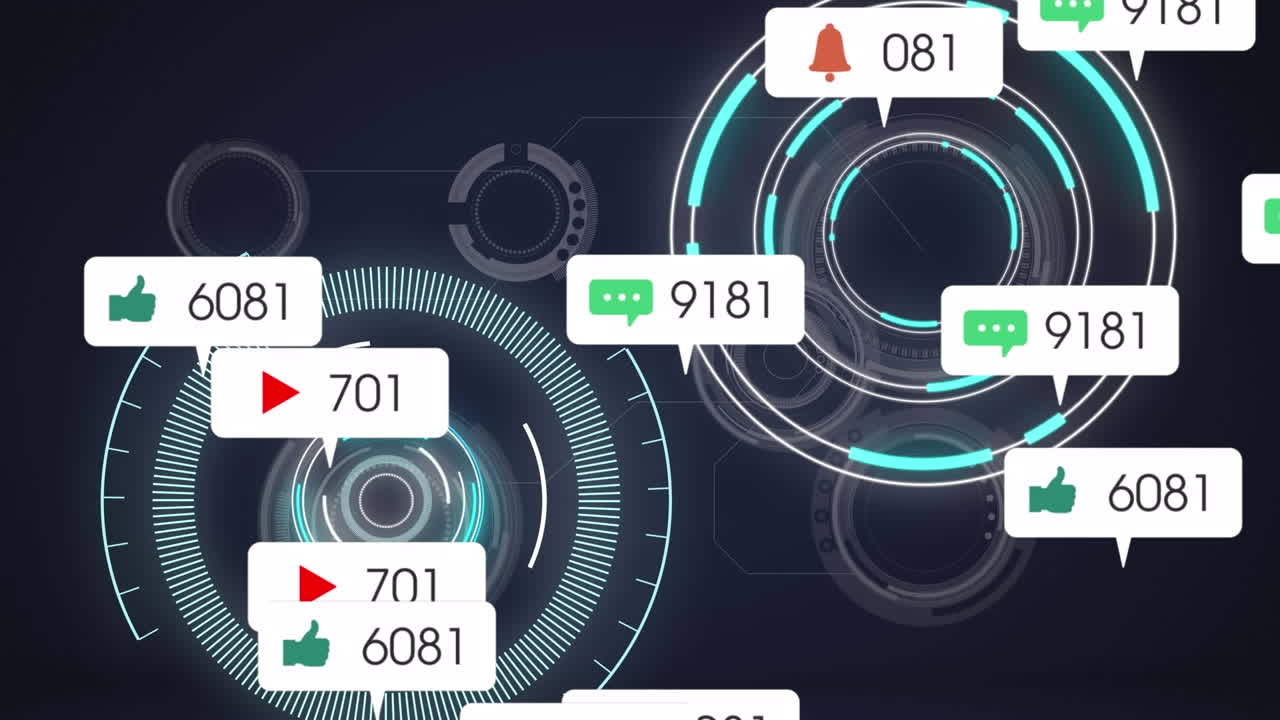 animación de iconos de redes sociales flotando sobre escáneres redondos contra un fondo azul