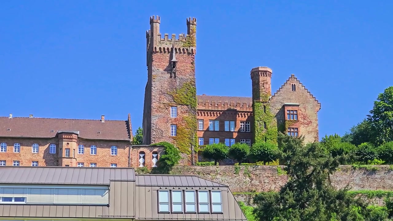 Torre de castelo histórica e edifício de pedra em Neckarsteinach, Alemanha, elevando-se acima dos telhados da vila com paredes cobertas de hera, céu azul e arquitetura medieval cênica no Vale do Neckar