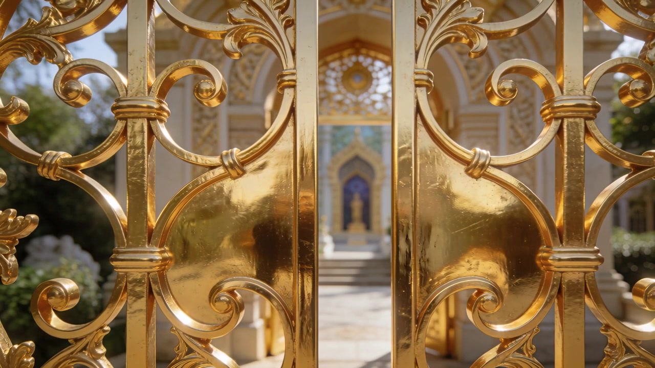 Moving camera revealing ornate golden wrought-metal gate at courtyard, widening gap to reveal arch