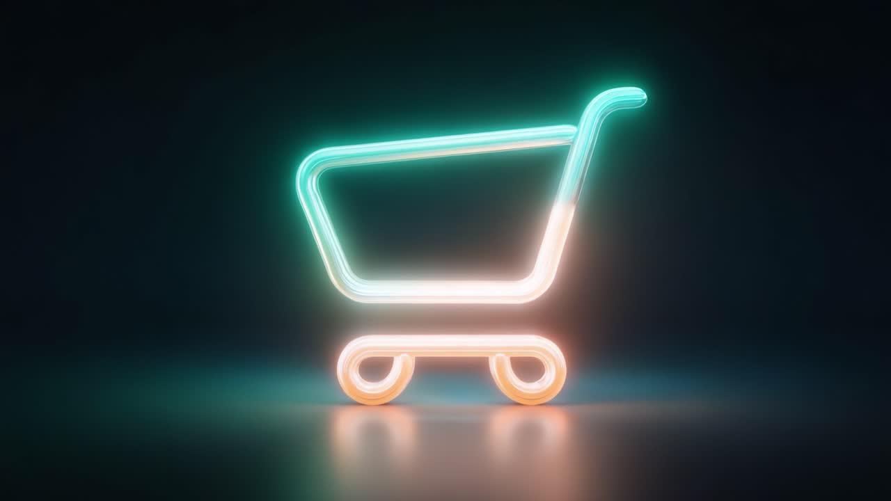 Un'icona di carrello della spesa neon vivace e moderna che rappresenta la vendita al dettaglio online e l'e-commerce, con accenti luminosi e un design elegante su uno sfondo scuro.