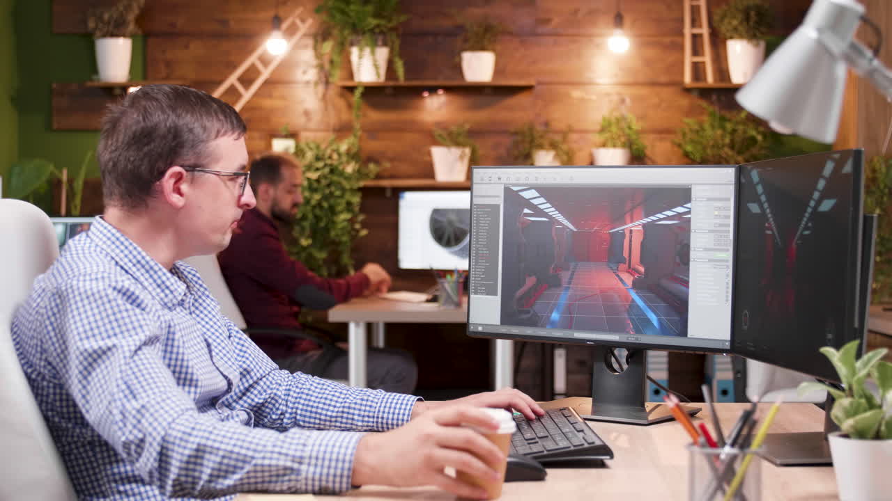 Game Developers Working on Computer Desks