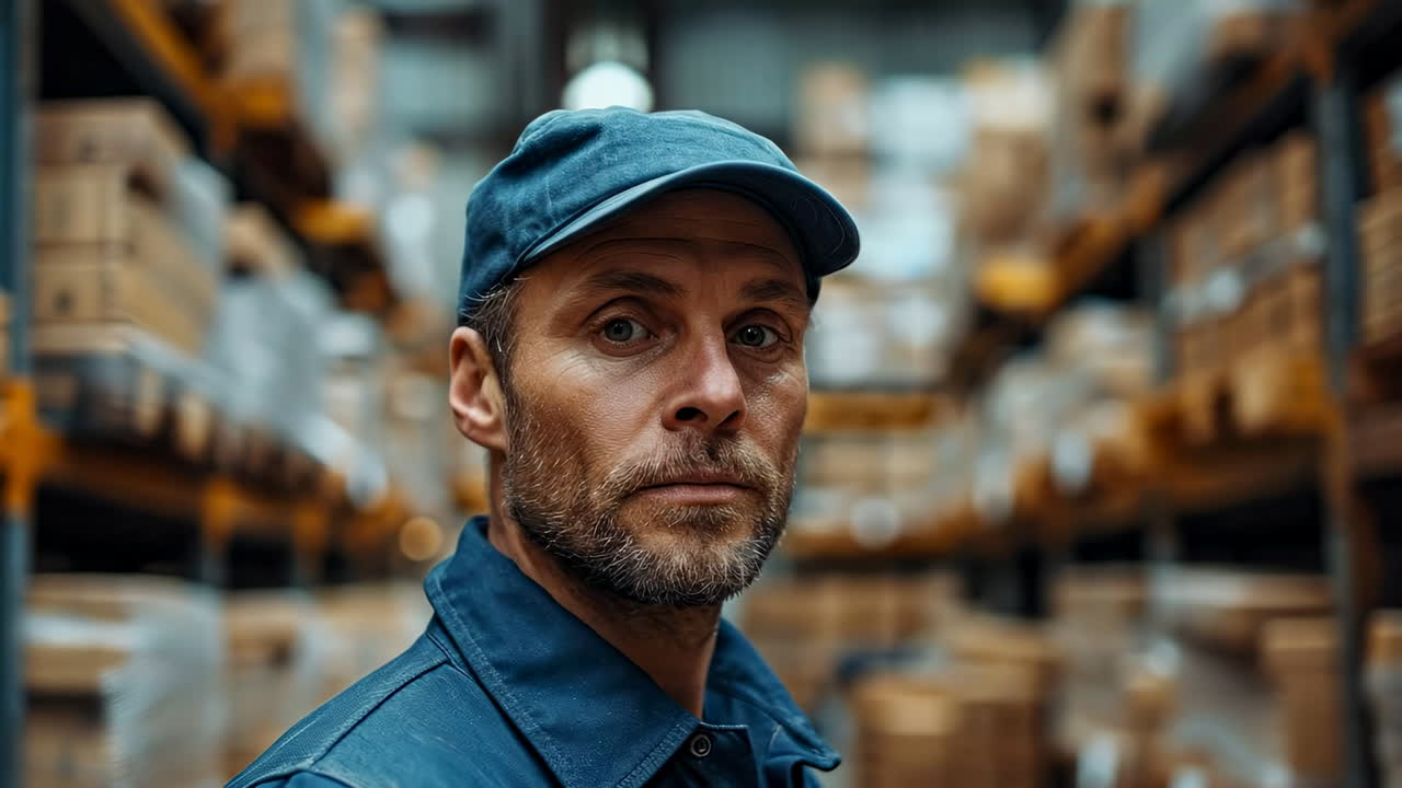 Magazziniere in un'area di stoccaggio trafficata. Un uomo è concentrato in un magazzino affollato circondato da scaffali di scatole, dimostrando dedizione al suo lavoro