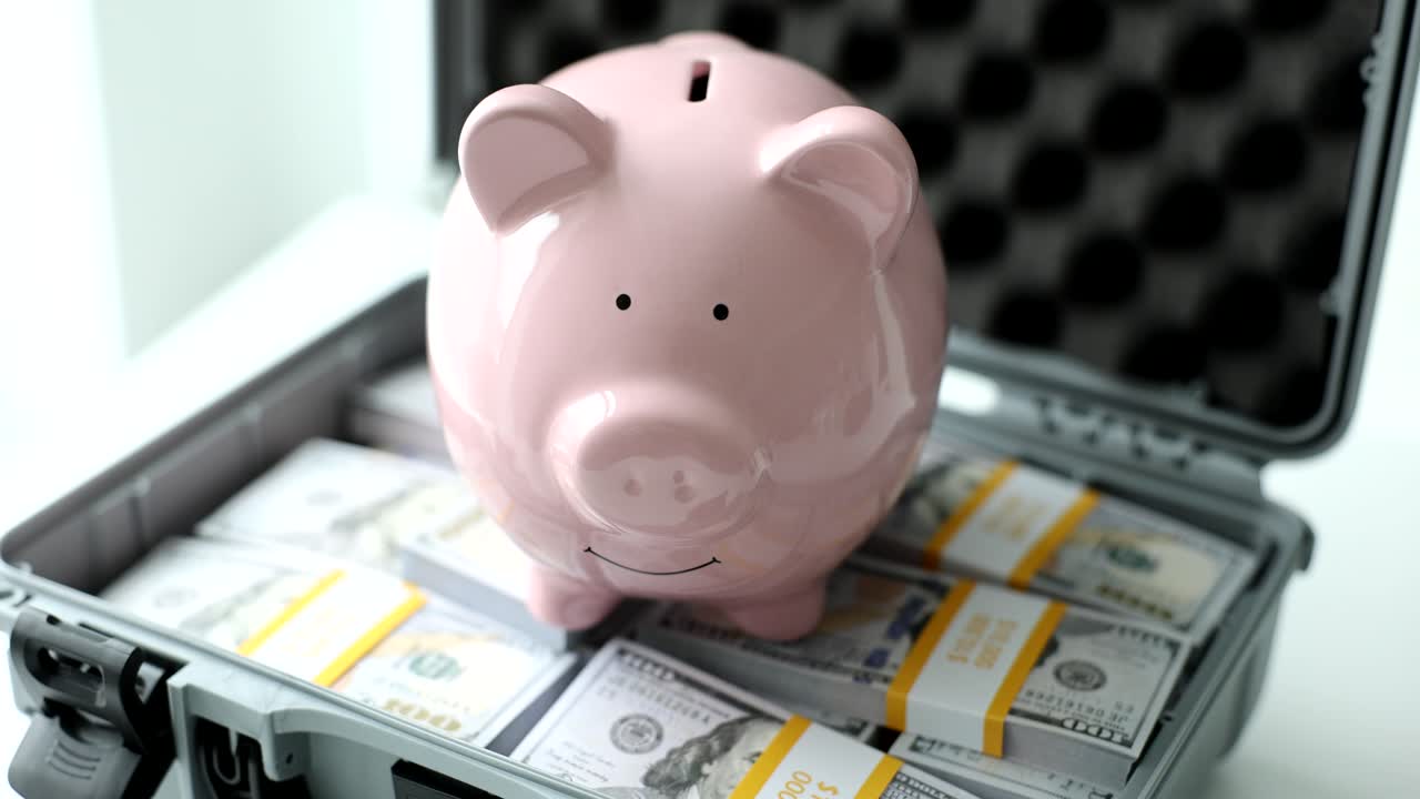 Piggy bank on top of a suitcase full of money