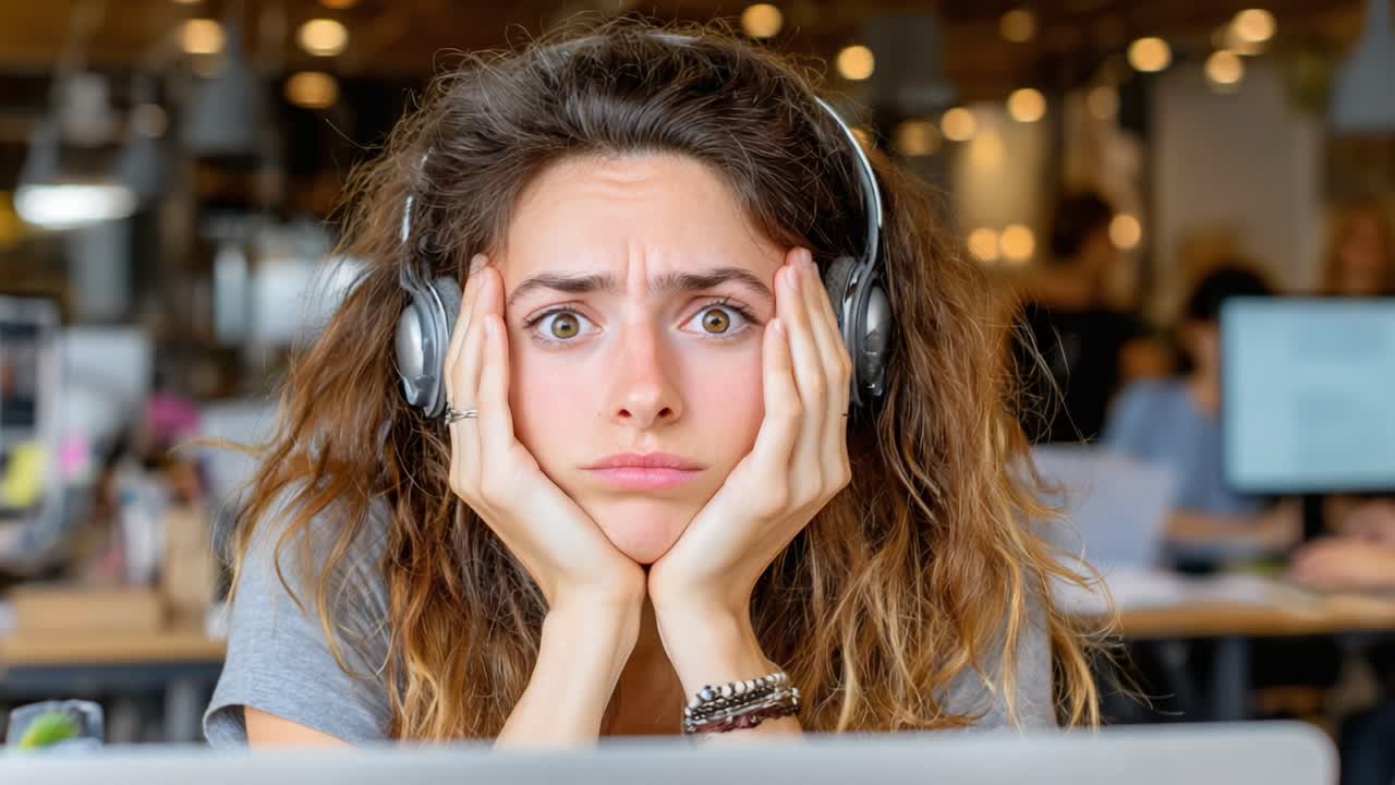 Frustrated Young Woman with Headphones Showing Signs of Disappointment and Boredom While Engaged in Work in a Modern Office Environment