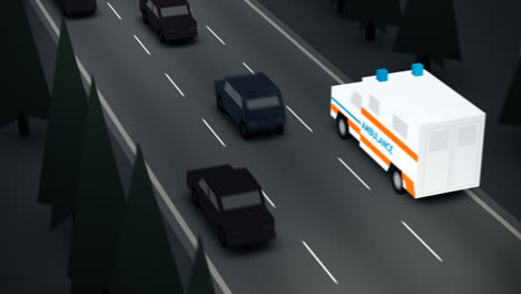 A-busy-highway-with-the-trees-on-the-roadside.-An-ambulance-with-the-flashing-lights-driving-on-the-emergency-call.-The-life-saving-vehicle-is-speeding-on-the-road-passing-cars.