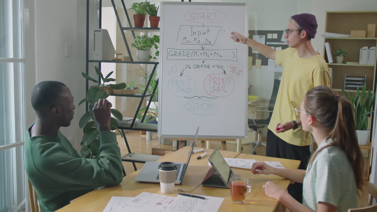 Young IT Specialist Giving Presentation on Team Meeting