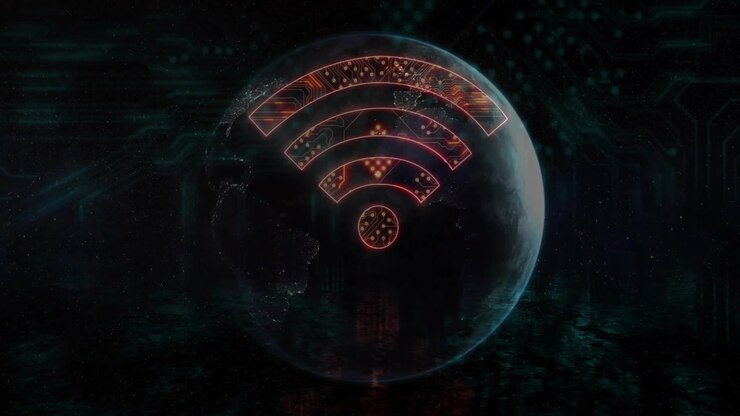 Kredsløbsbaggrund indlæses, derefter falmer kloden ind med et rødt Wi-Fi-ikon, der visualiserer global forbindelse.