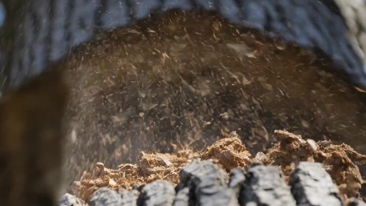 Tree trunk with ridged bark sending swirling dust in cavity after bark fragment impact outdoors