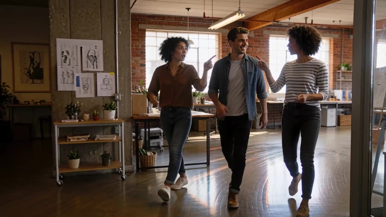 Tre colleghi che camminano in abbigliamento business casual, osservando stampe appese, discutendo bozzetti e indicando in un loft.