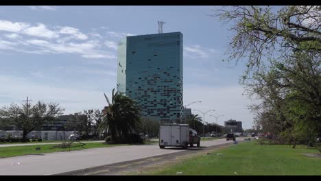 Broken-Windows-From-Tornado-High-Winds-Storm-Damage-In-A-Modern-Suburban-High-Rise-Office-Building-In-Iowa