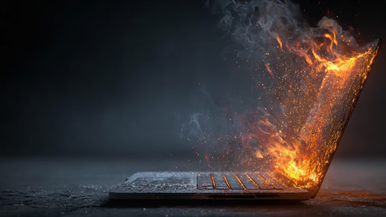 Et visuelt møde med en bærbar computer i flammer, der viser den dramatiske kontrast mellem teknologi og ild og vækker en følelse af fare og spænding i en kunstnerisk repræsentation