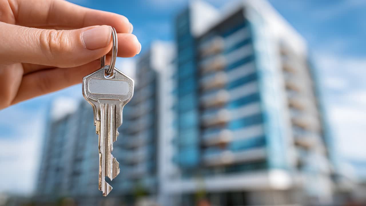 Una mano sosteniendo una llave de casa frente a un moderno edificio de apartamentos, simbolizando nuevos comienzos, la propiedad de una vivienda y la emoción de mudarse a un nuevo hogar.