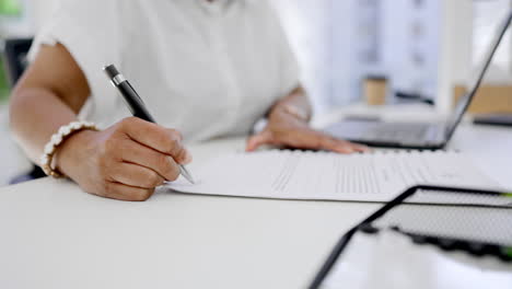 business woman, hands and writing on documents