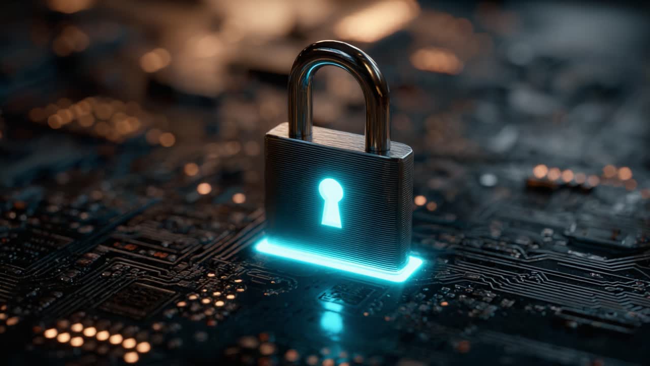 A Futuristic Digital Padlock Illuminated on a Circuit Board Background Symbolizing Security and Protection in the Modern Tech Landscape