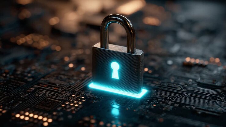 A Futuristic Digital Padlock Illuminated on a Circuit Board Background Symbolizing Security and Protection in the Modern Tech Landscape