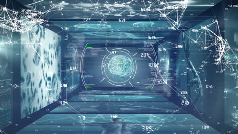 animation of scopes scanning with globe of connections and data processing on digital screen