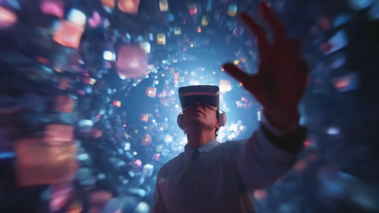 Exploring the Infinite Realms of Virtual Reality: A Person Engaged in an Immersive Experience Surrounded by Colorful Data Cubes in a Dynamic Digital Space of Possibilities