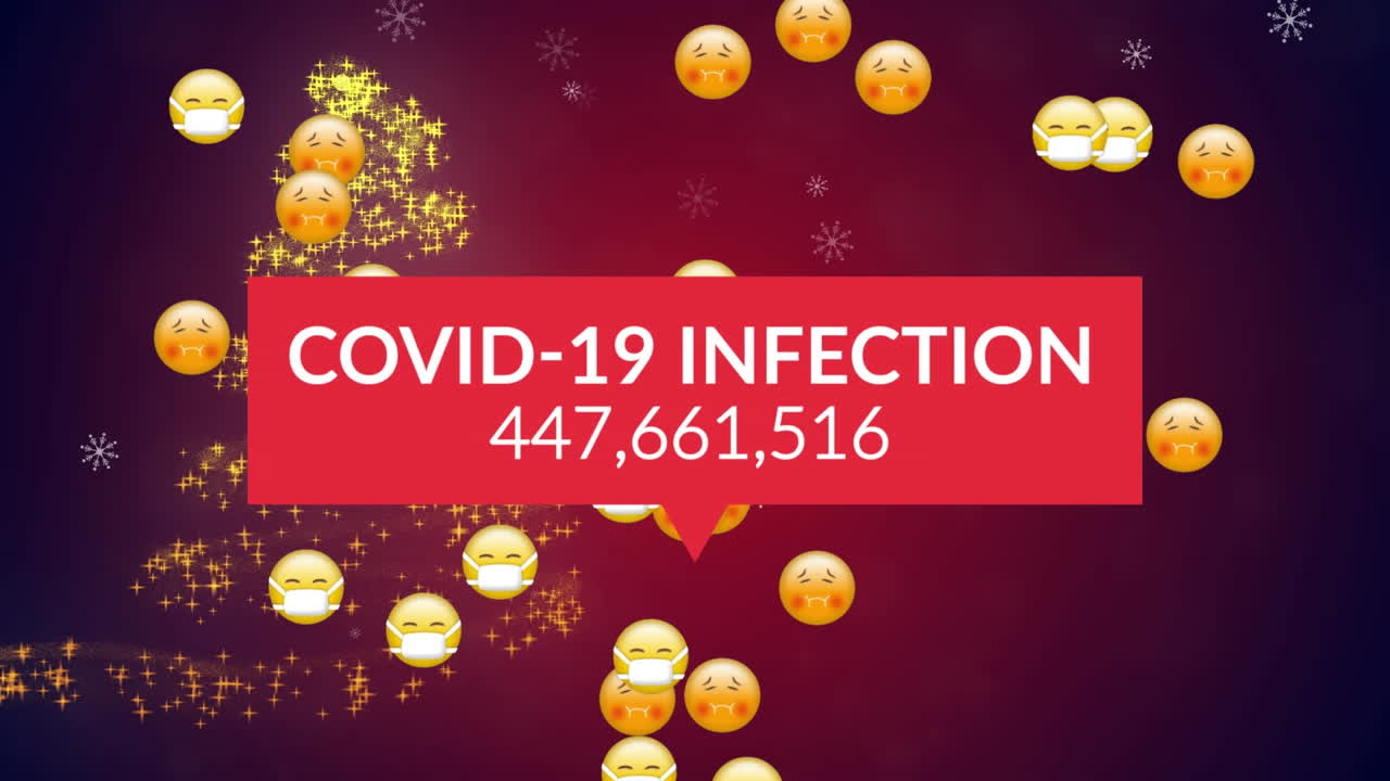 Testo 'infezione da Covid-19' ed emoji di faccine che cadono su una stella cadente che forma un albero di Natale.
