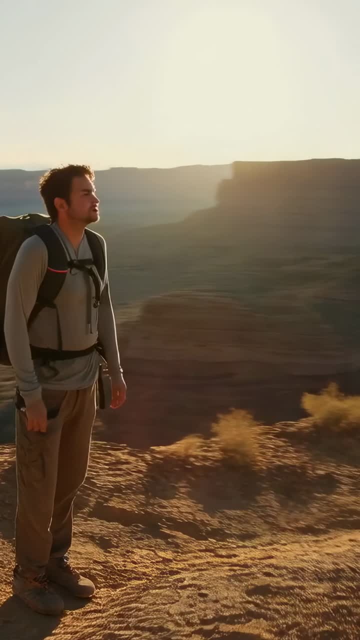 Vídeo vertical: cámara siguiendo a un hombre que levanta polvo al dar una patada, camina por la cresta y observa el cañón con una mochila