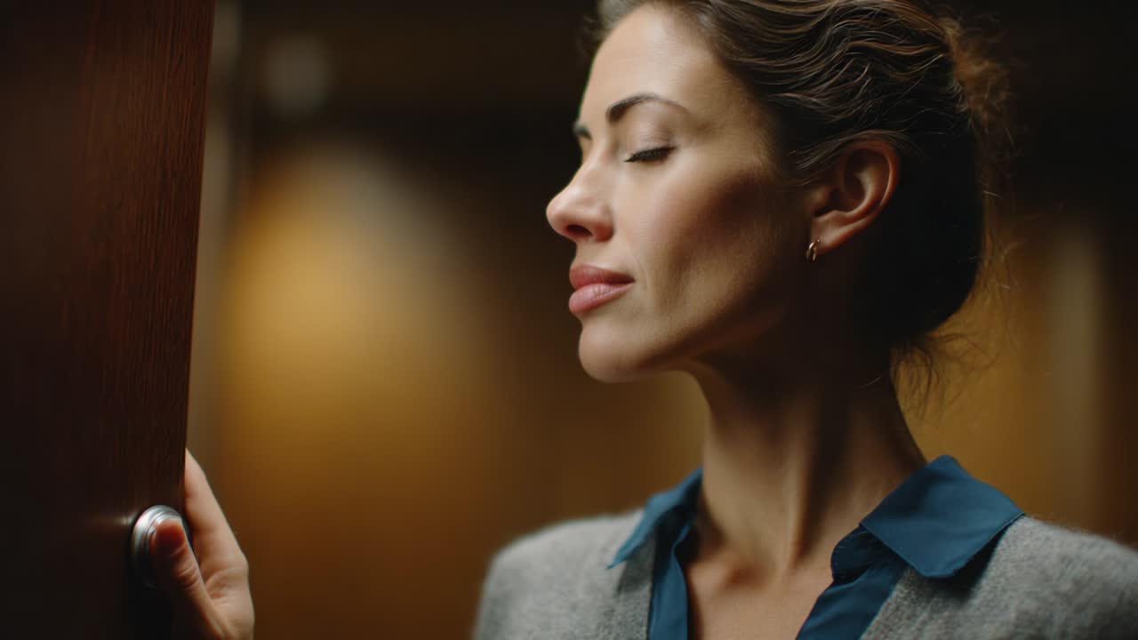 A woman stands thoughtfully by a door in an elegant space, expressing a moment of introspection and contemplation as she prepares to step through and embrace what lies ahead in her journey