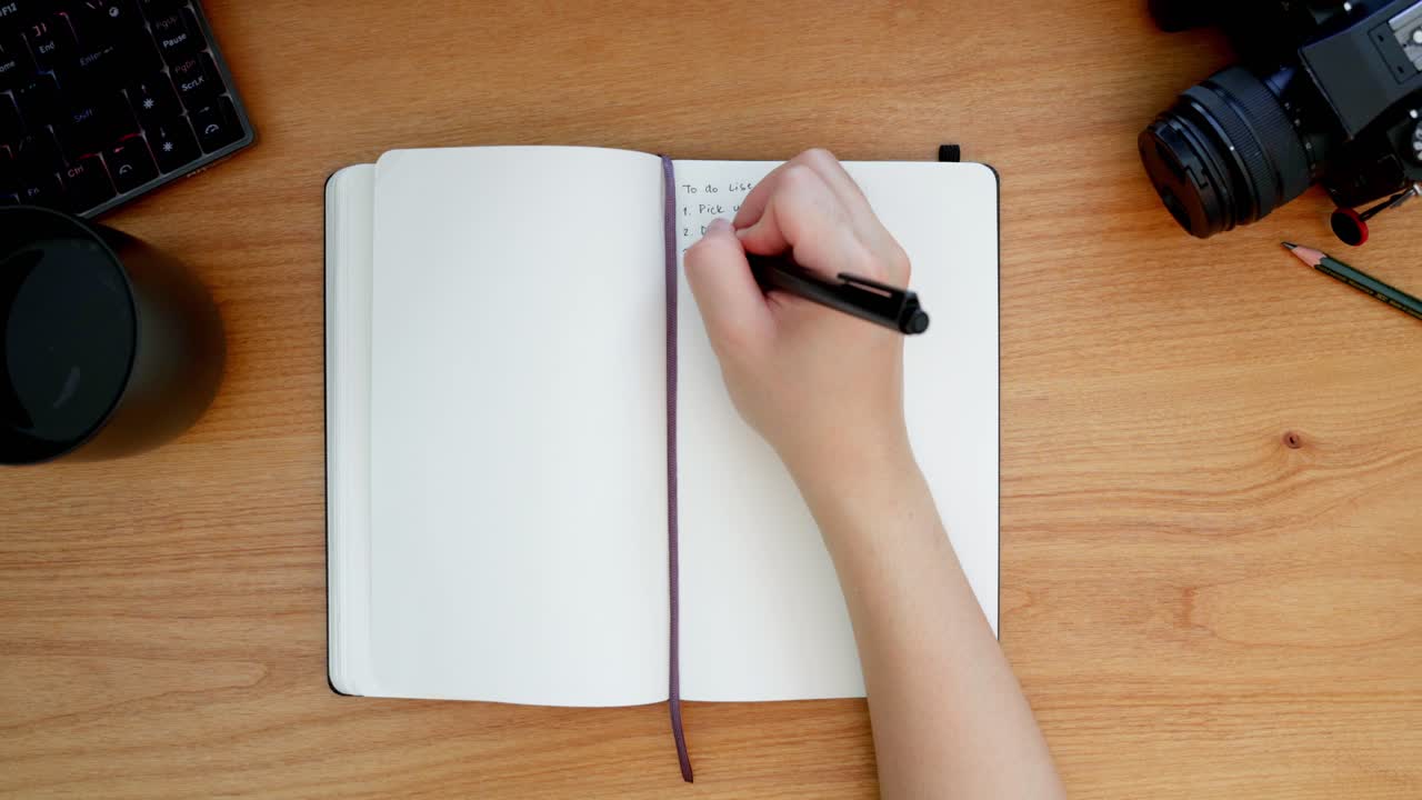 Overhead shot of handwriting in a black notebook on a wooden desktop