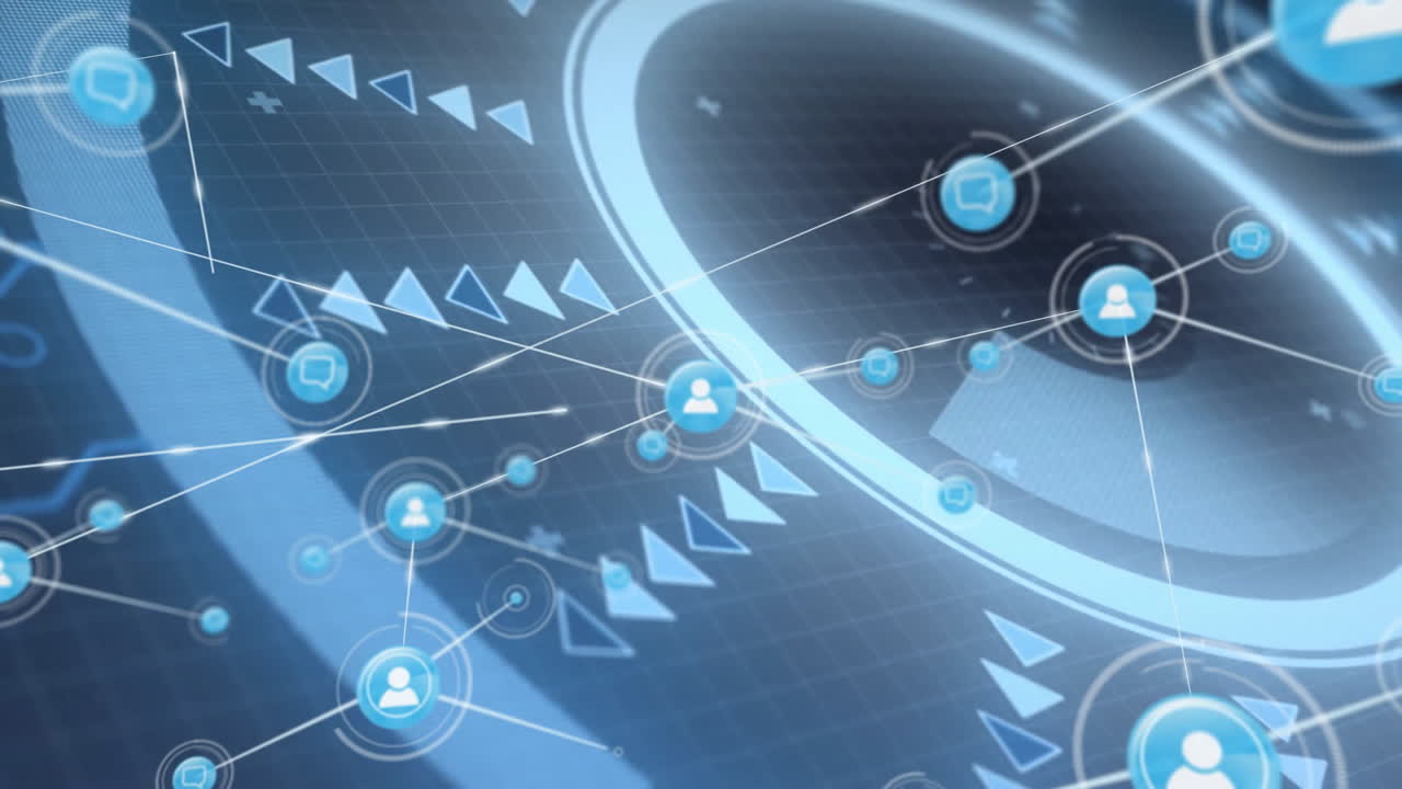 Animation of digital icons and network connections over abstract blue background