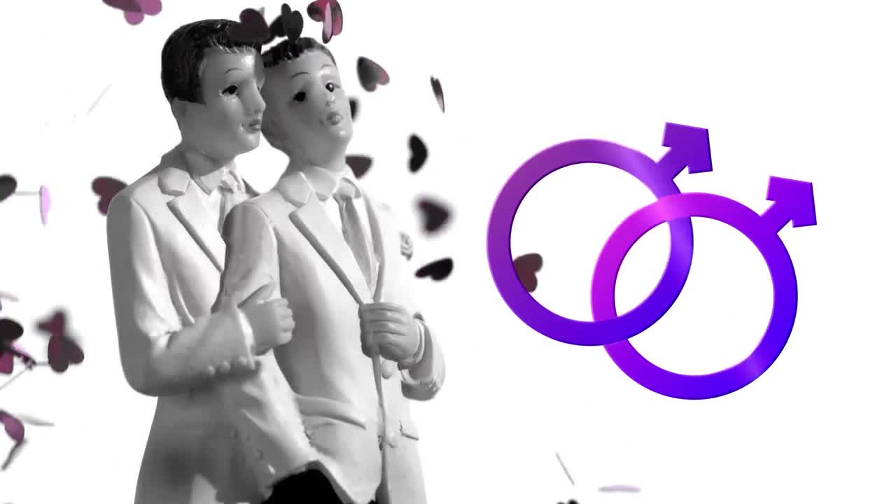 두 개의 남성 기호와 남성 동상과 콘페티가 합쳐졌습니다.