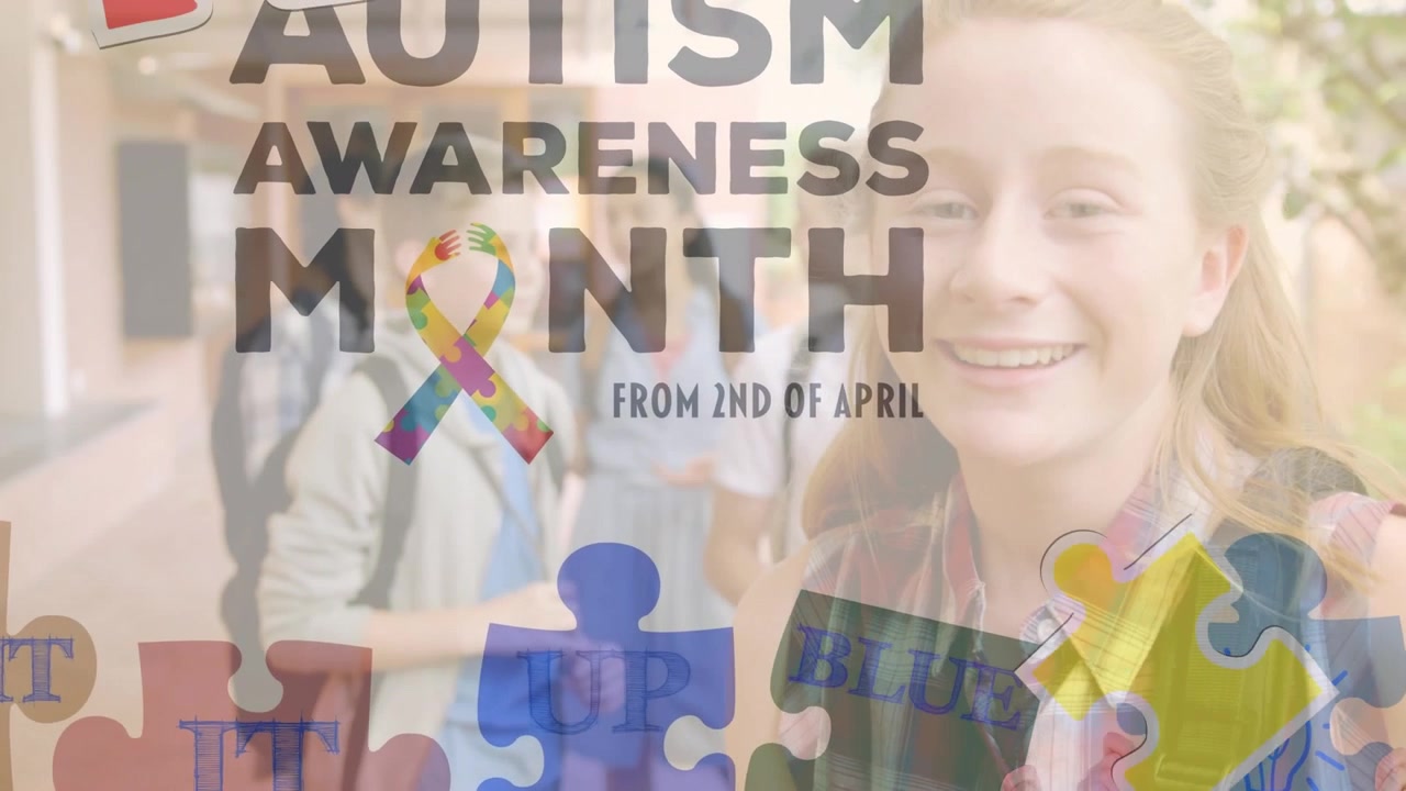Animasjon av puslespillbiter og tekst om autismens bevissthetsmåned over mangfoldige skolebarn