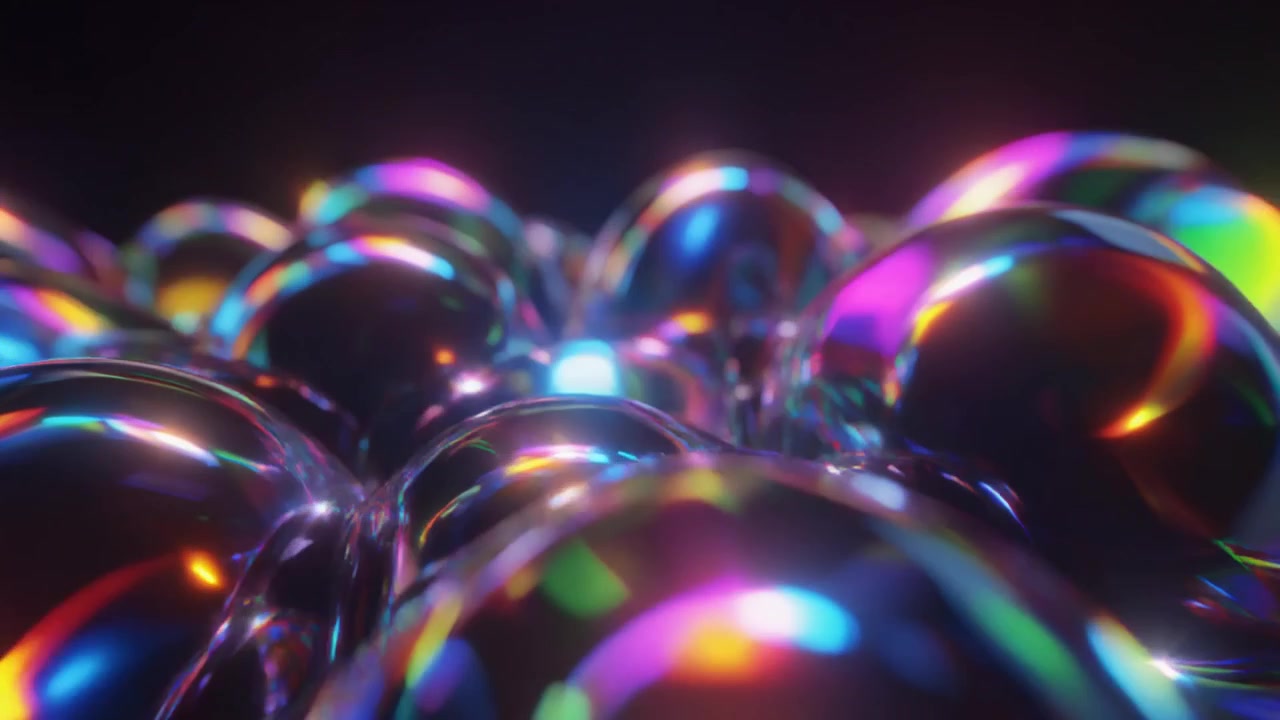 Animazione 3D astratta di bolle iridescenti che si muovono nello spazio scuro