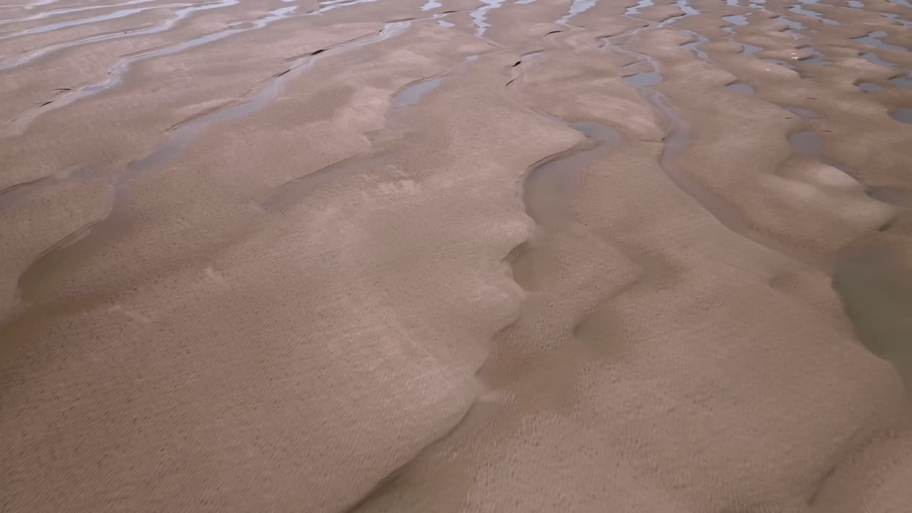 Tidal flats clean sands and seawater pools with flying seabirds on a sunny day. Fleetwood, Lancashire, UK.
