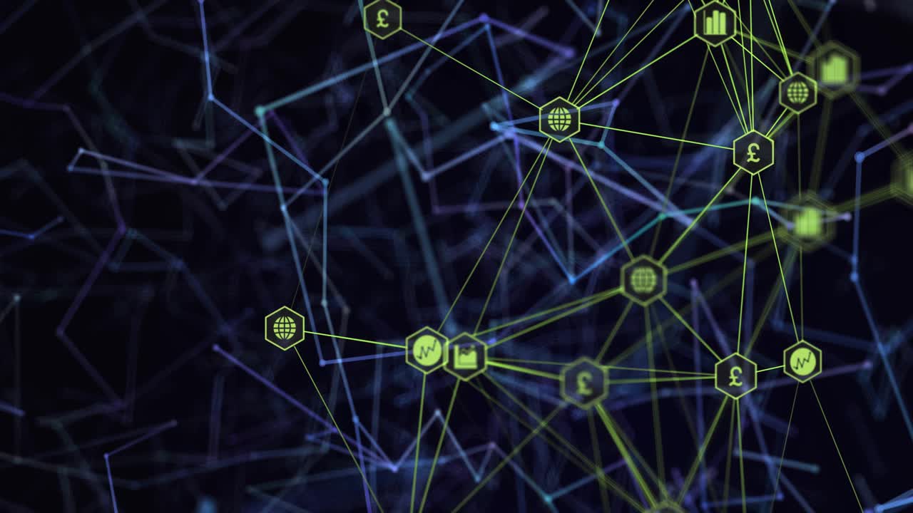 Camera sliding left, green hex nodes lighting, links extending and pulsing to show data ties