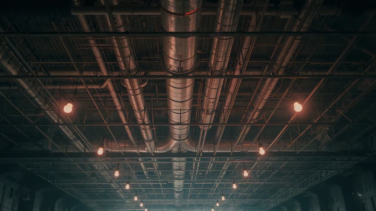 Tilting camera revealing factory hall, with cylindrical HVAC duct, pipes and beams, hanging bulbs